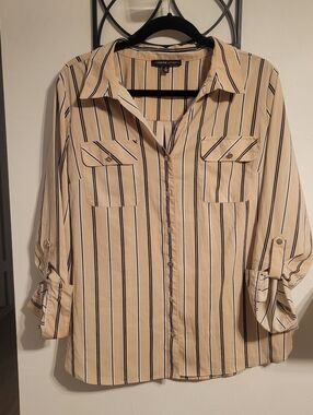 Adrienne Vittadini Button Down Womens XL Blouse V Neck Pinstripe Business Chic
